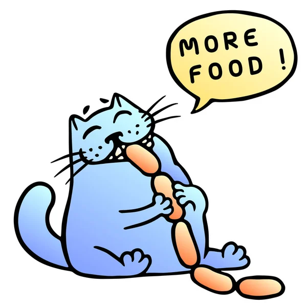 Más comida. El gato azul come salchichas. Ilustración vectorial . — Vector de stock