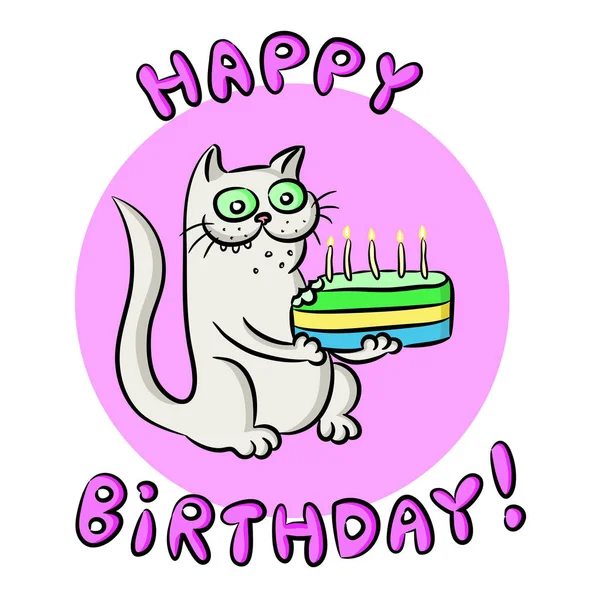 Happy Birthday white cat. Vector illustration.