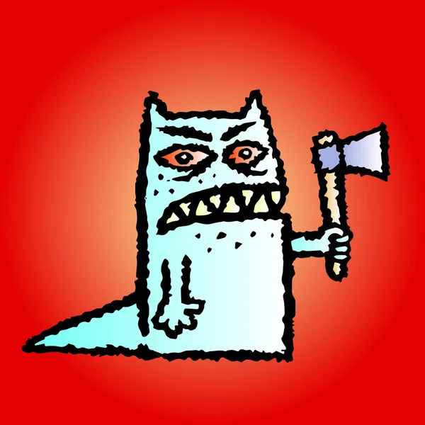 Cartoon toothy monster met een bijl in zijn hand. Vectorillustratie. — Stockvector