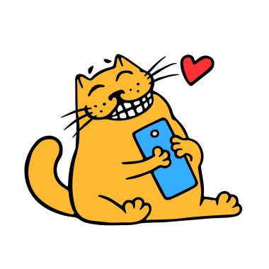 Karikatür turuncu kedi ve mavi smartphone. İyi haber. Vektör çizim.