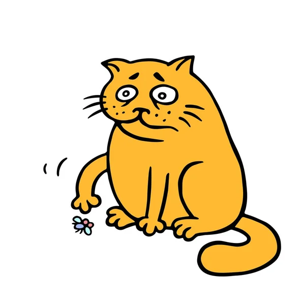 Oranje FatCat is eenzaam. Een dode vlieg op de verdieping. Vectorillustratie. — Stockvector