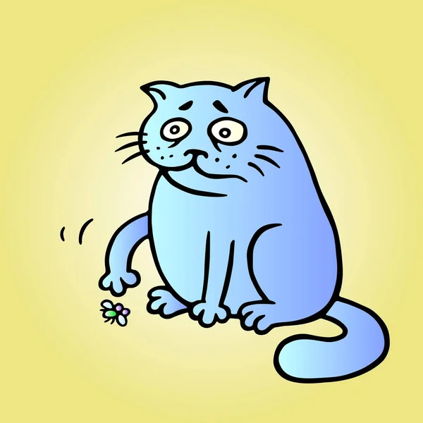 El gato quiere jugar y la mosca está cansada y ha muerto. Ilustración vectorial . — Archivo Imágenes Vectoriales