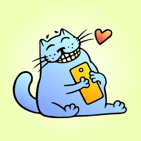 Χαριτωμένο ευτυχείς μπλε γάτα αγκαλιάζει ένα δώρο smartphone. Εικονογράφηση διάνυσμα. — Διανυσματικό Αρχείο
