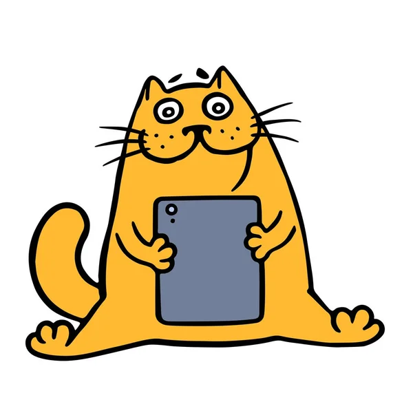 Şirin turuncu kedi ve dijital tablet. Vektör çizim. — Stok Vektör