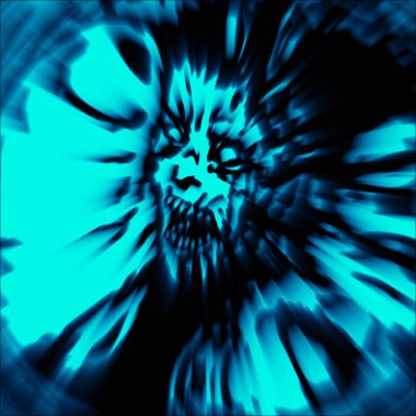 Dağınık saçlı zombi kadın korkunç başkanı. Mavi renkte kapak.