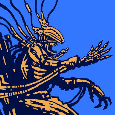 Uzaylı uzaylı elbiseli demir tahtına oturur. Vektör çizim.