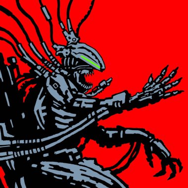 Uzaylı robot astronot oturur ve uzay gemisi yönetir. Vektör çizim.