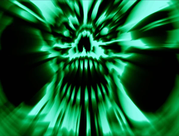 Green scary monster skull. Apocalyptic cover. Scary vampire face concept in genre of horror. — Stock Photo, Image