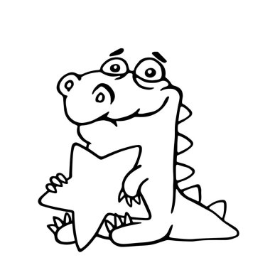 Çizgi film dinozor bir yıldız beyaz zemin üzerine onun elinde tutar. Vektör çizim.