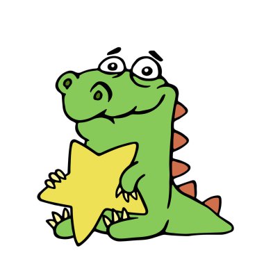 Komik neşeli dragon içinde onun paws beyaz arka plan büyük bir altın yıldız tutar. Vektör çizim.