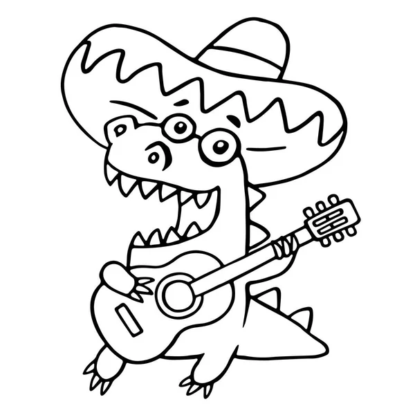Meksikalı gitarist siyah beyaz dinozor. Vektör çizim. — Stok Vektör