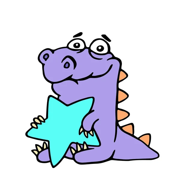 Lindo dinosaurio abraza a una gran estrella azul sobre fondo blanco. Ilustración vectorial . — Vector de stock