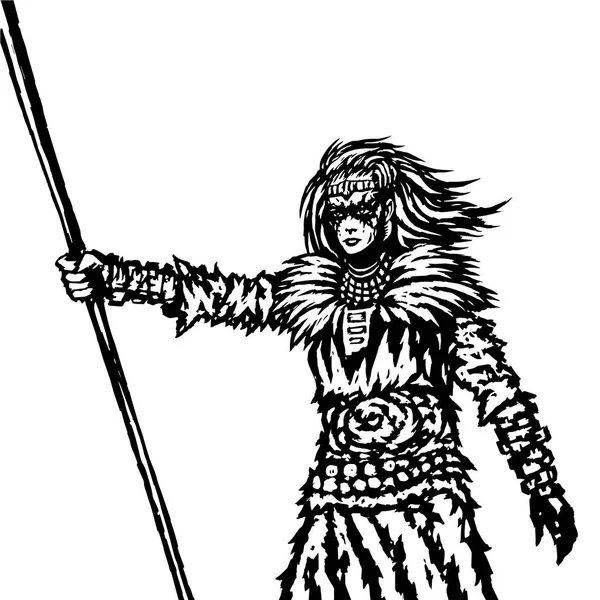 Warrior meisje uit een wilde stam met een speer. Vectorillustratie. — Stockvector