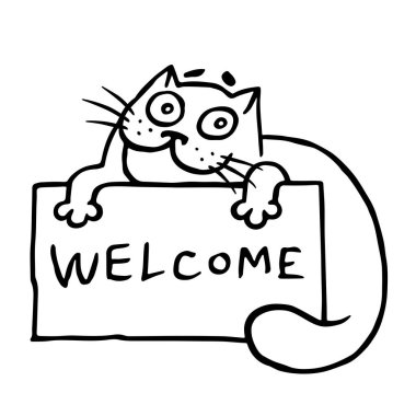 Şirin misafirperver kedi bir işareti ile word Hoşgeldiniz düzenliyor. İzole vektör çizim.