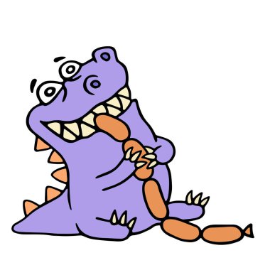 Dinozor sosis yiyor. Daha fazla yemek. Vektör çizim.