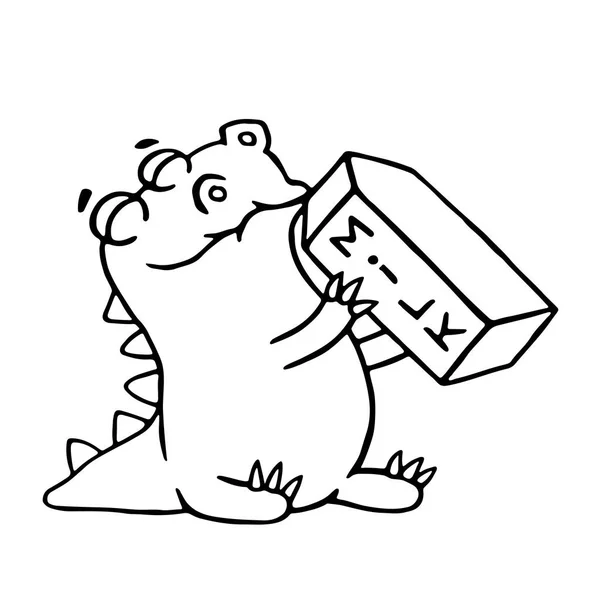 El dinosaurio de dibujos animados está bebiendo leche. Ilustración vectorial aislada . — Vector de stock