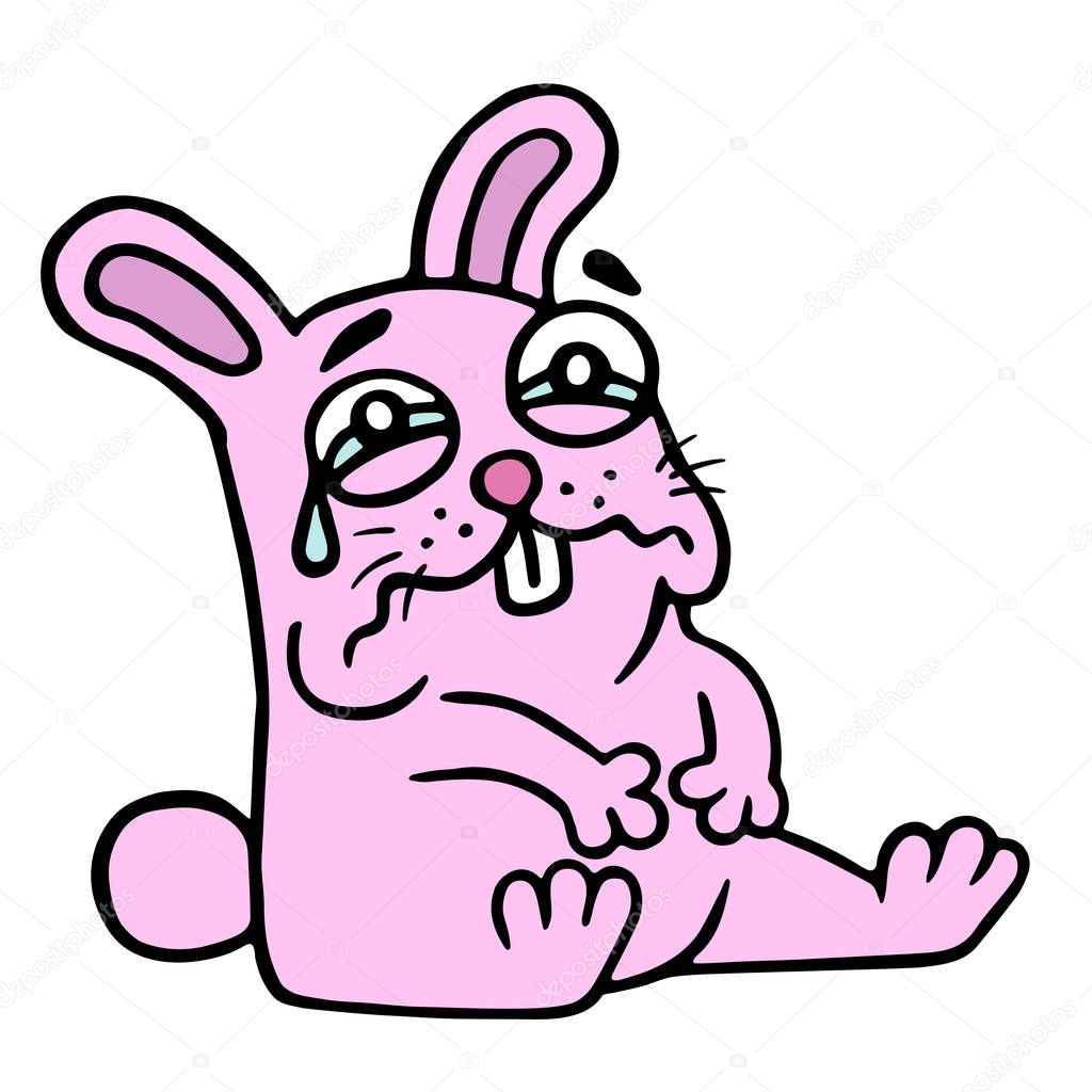 cute sad pink rabbit in tears is sitting