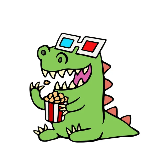 Смешной динозавр в 3D очках и коробке попкорна . — стоковое фото