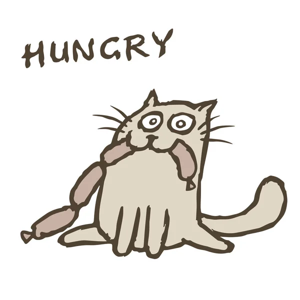 Kedi Tik sosis yiyor. Daha fazla yemek. Vektör çizim. — Stok Vektör