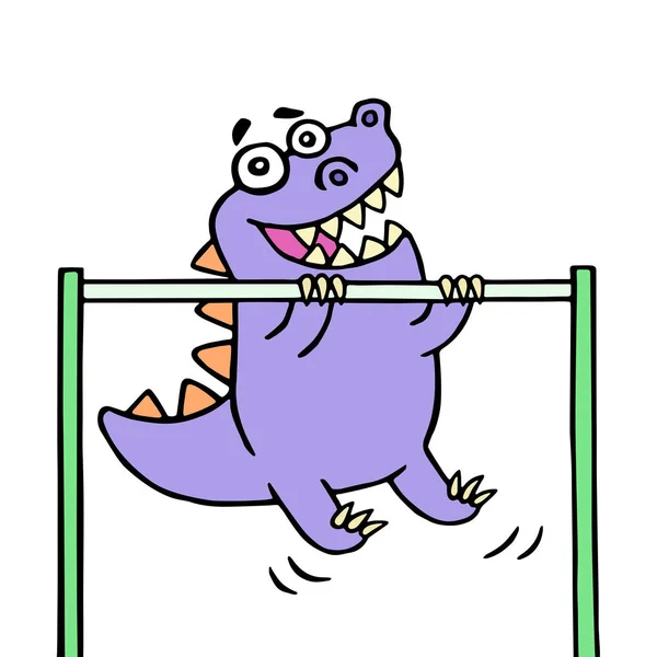 Dino se estira en la barra horizontal en el campo de deportes. Ilustración vectorial — Vector de stock