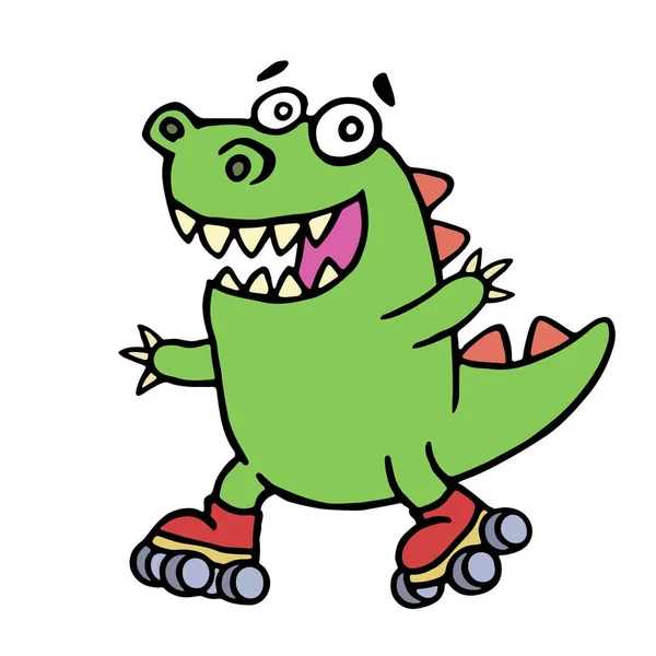 Lindo verde divertido dinosaurio paseos en rodillos. Ilustración vectorial — Vector de stock