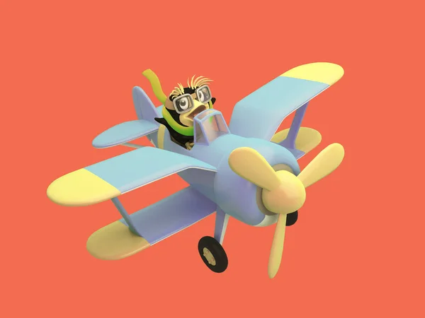 Cartoon pilot penguin controls a funny blue plane. Cute 3d illus