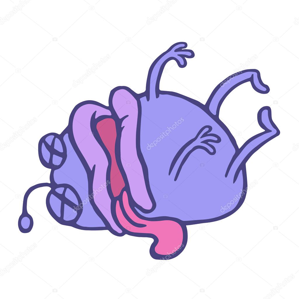 Cartoon purple monster lost consciousness. Vector illustration.