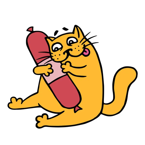 かわいい漫画オレンジ色の猫したい燻製ソーセージ サラミ。ベクトル図 — ストックベクタ