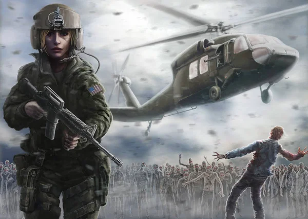 Bir saldırı tüfeği ile kadın pilot. Helikopter bir zombi kıyamet üzerinde uçuyor. Soğuk renk tonu kahramanca bir karakter ile renkli poster
