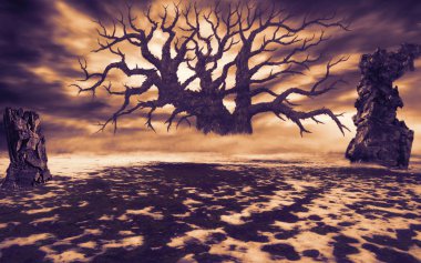 Harabe turuncu renk ile bir açıklıkta büyük ölü ağaçlar.