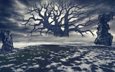 Kavrulmuş ağaç ve taş yer altından yapışmasını