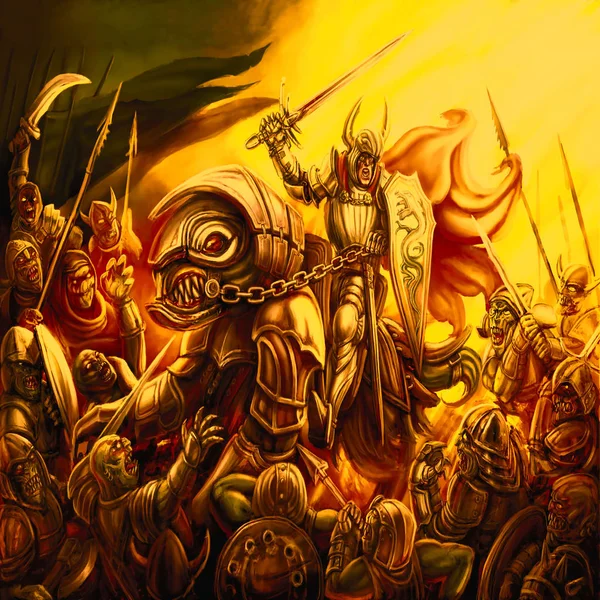 Um guerreiro em um dragão se opõe às forças do mal — Fotografia de Stock