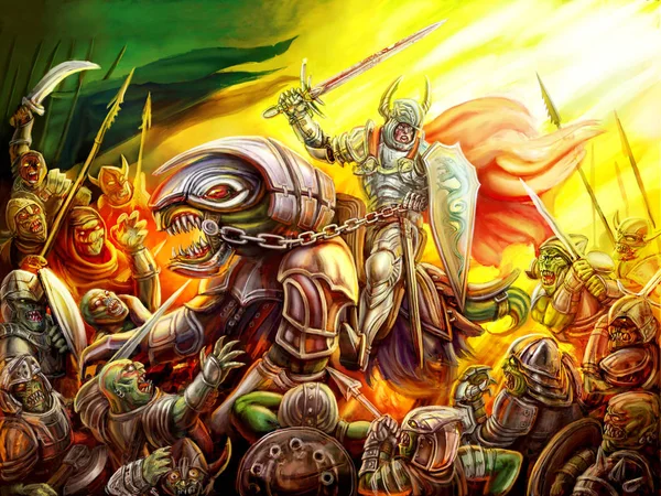 A knight rides a dragon on a crowd of orcs — 图库照片
