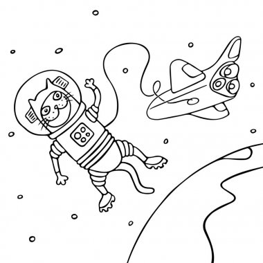 Siyah ve beyaz renklerde karikatür kedi astronot. Freehand dijital anahat çizim. İzole vektör çizim.