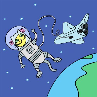 Karikatür kedi astronot vektör çizim. FreeHand dijital anahat çizim. Komik karikatür serin karakter.