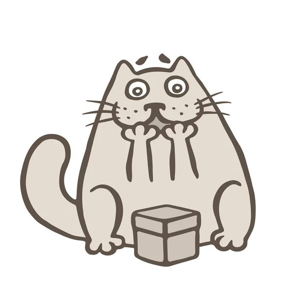 Feliz gato de dibujos animados y caja de regalo. Ilustración vectorial . — Vector de stock