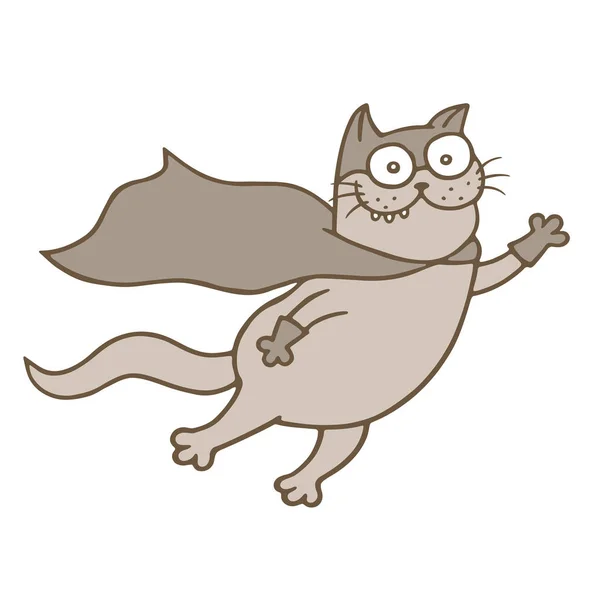 Karikatür kedi süper kahraman maske ve yağmurluk uçuyor. Vektör çizim — Stok Vektör
