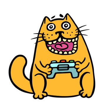 Kedi joystick konsoldan tutar. Vektör çizim.