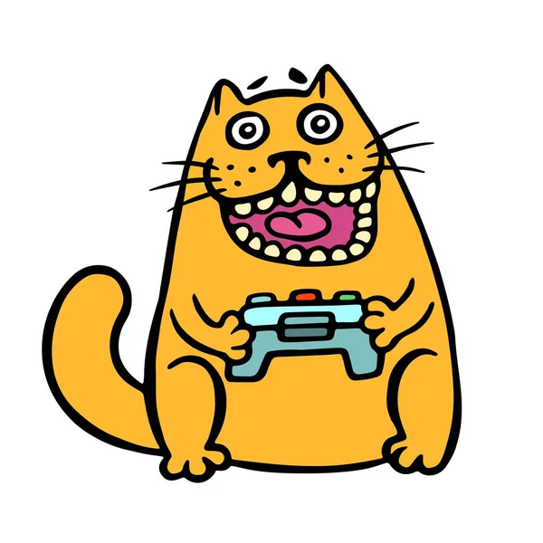 Cat utrzymuje joystick z konsoli. Ilustracja wektorowa. — Wektor stockowy