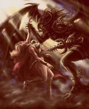 Terrible demon defeats the amazon girl clipart