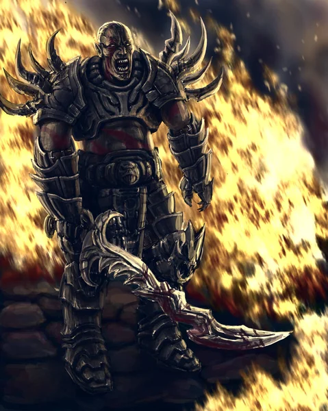 Ork şövalye çarpık bir kılıç ile standları