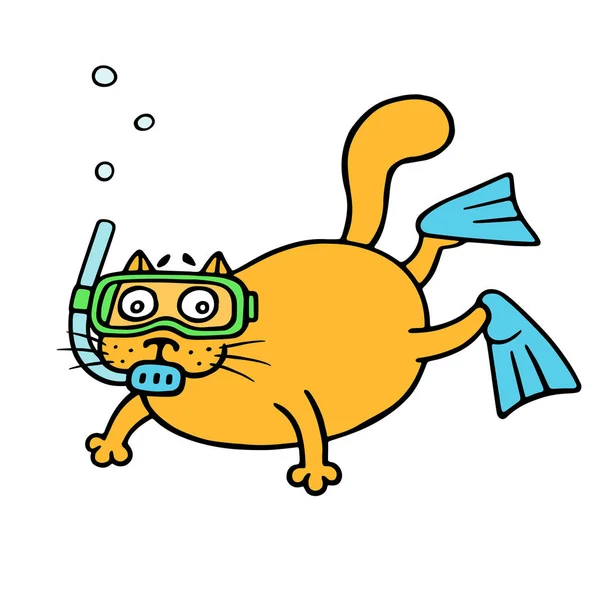Kat aqualunger ondergedompeld in de diepte. Vectorillustratie — Stockvector