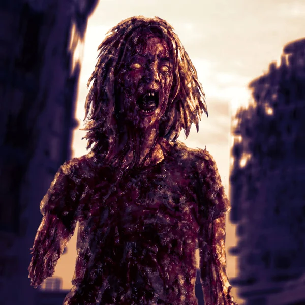 bloody monster woman on the background of a ruined city