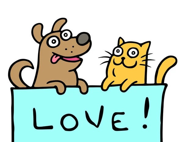Dibujos animados perro y gato muestran amor. Ilustración vectorial — Vector de stock