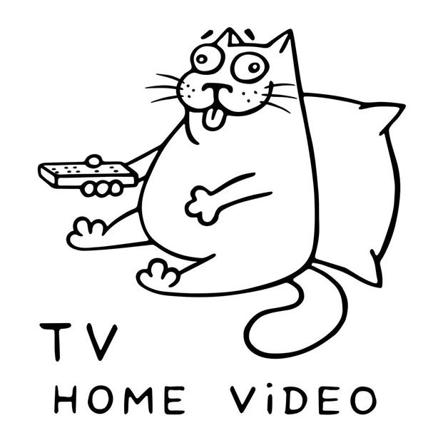 Gato divertido con control remoto para tv. ilustración vectorial . — Archivo Imágenes Vectoriales