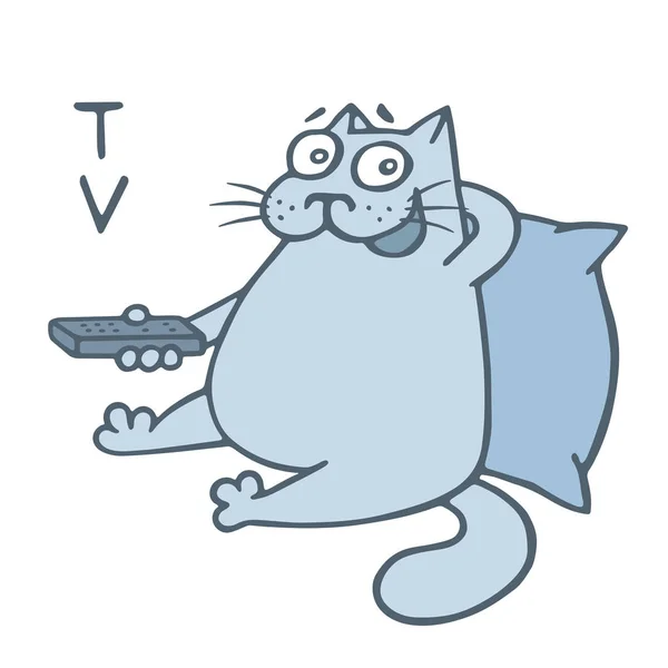 Desenho animado gato com televisor wath controle remoto. ilustração vetorial —  Vetores de Stock