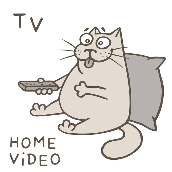 Lindo gato con panel de control viendo video casero. Ilustración vectorial — Archivo Imágenes Vectoriales