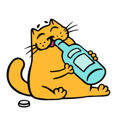Happy cat drinks from a bottle of wine. Vector illustration. clipart