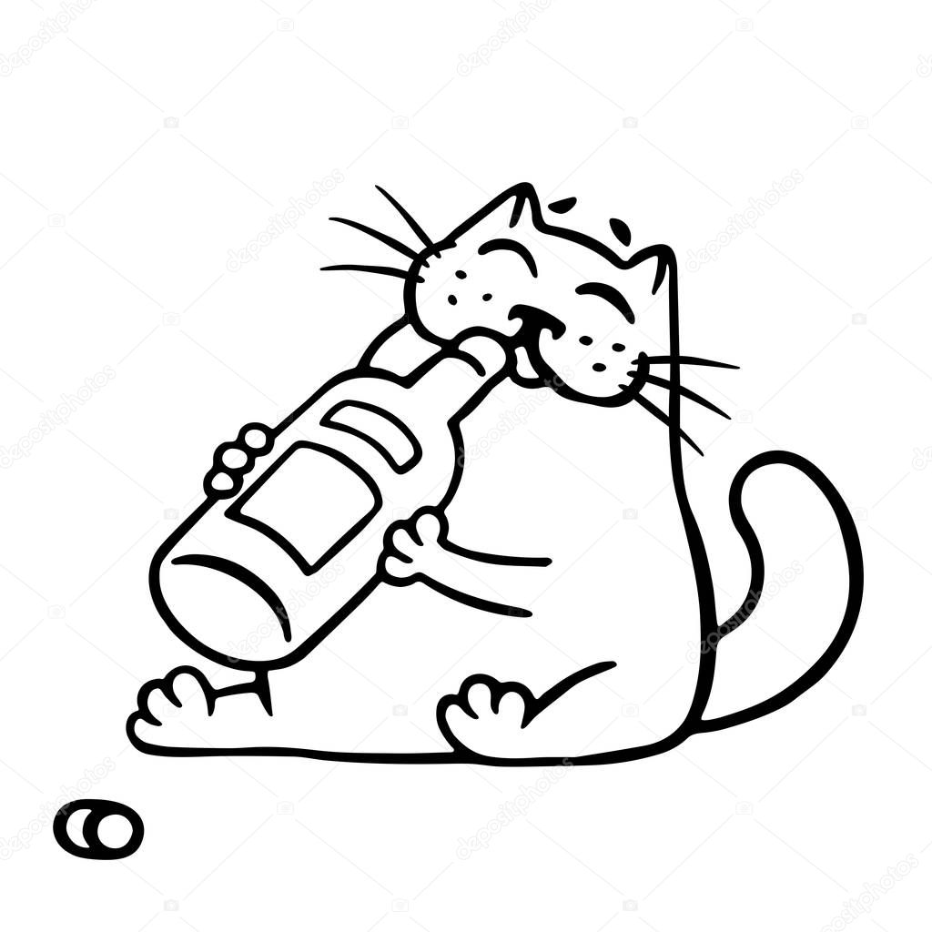 Merry cat drinks wine. Vector illustration.
