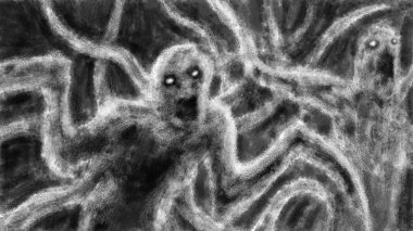 Gece yarısı saldıran ve çığlık atan iki mutant. Kömür ve gürültü efektli korku türünde siyah beyaz illüstrasyon.